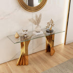 60" Gold Console Table, Entryway Table with Clear Tempered Glass | Modern Glam, Elegant Beveled Edge, Polished Stainless Steel Geometric Base, Long Sofa Table for Living Room, Hallway, Foyer