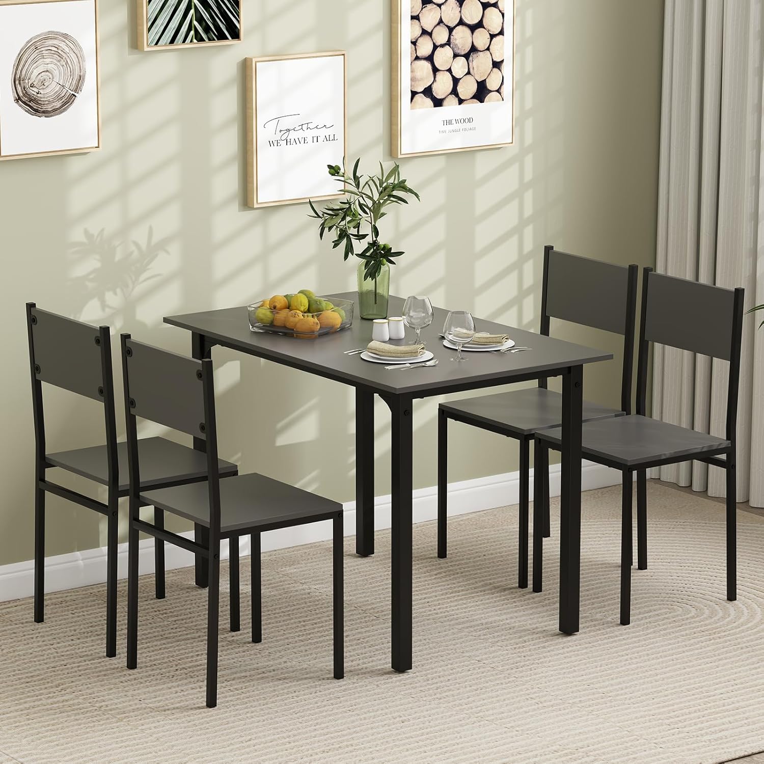 GOFLAME 5-Piece Dining Table Set, Industrial Kitchen Table and Chairs for 4 with Backrest and Metal Frame, Rectangular Space-Saving Dinette Set for Dining Room, Apartment, Small Space, Grey
