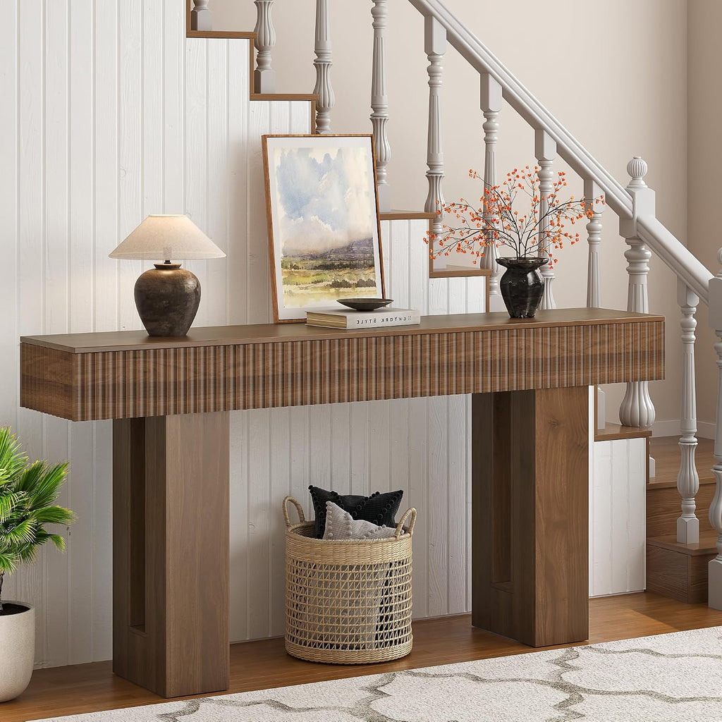 63-Inch Long Entryway Console Table with a Fluted Design, Thick Wood Farmhouse Sofa Table Behind Couch, Narrow Hallway Accent Table for Living Room, Foyer, Entrance,Modern Walnut