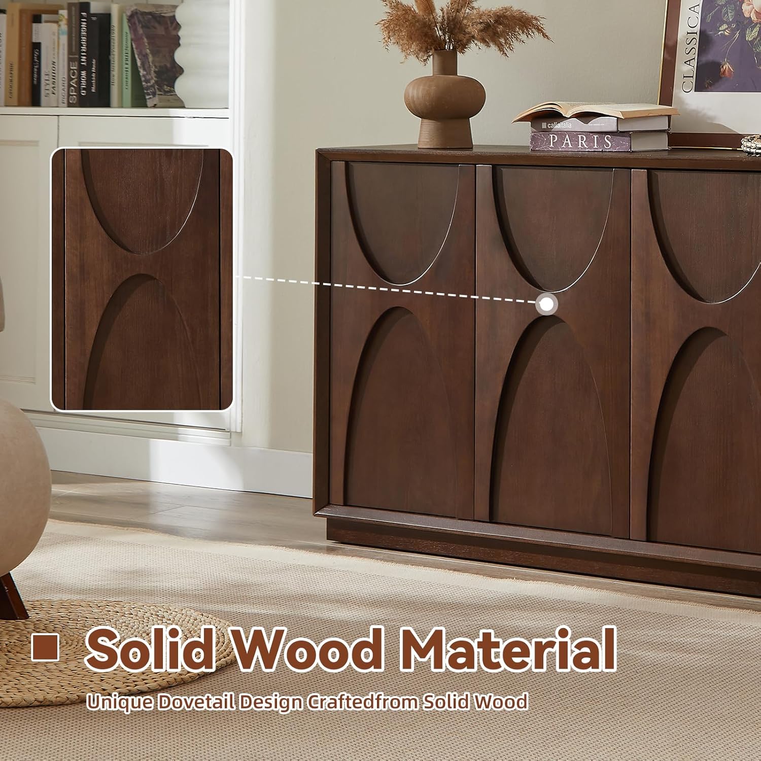 59" Sideboard Buffet Cabinet with Storage, Mid-Century Modern Sculpted Door Design Buffet Sideboard Accent Credenza with Adjustable Shelves for Living Room Kitchen Hallway (Walnut)