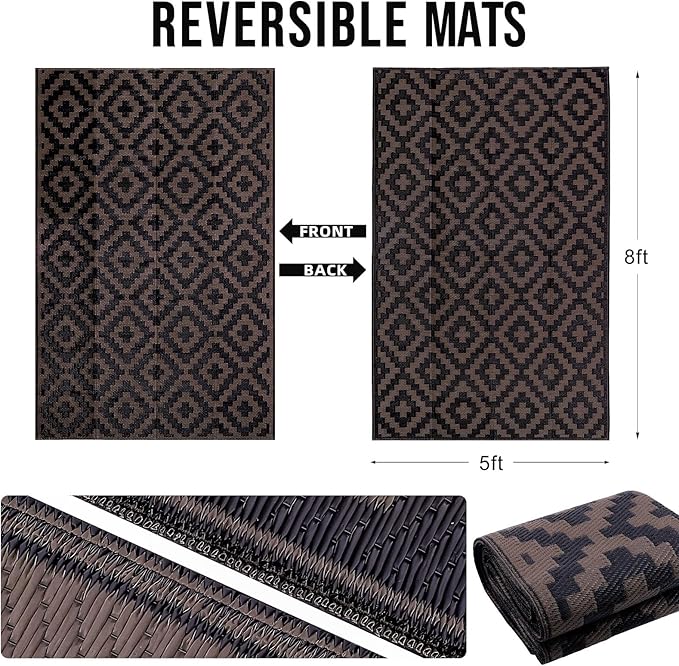 OLANLY Waterproof Outdoor Rug 5x8 ft, Outdoor Plastic Straw Rug for Camping, RV Mat Outside, Outdoor Carpet for Porch, Deck, Backyard, Balcony, Picnic, Black & Brown