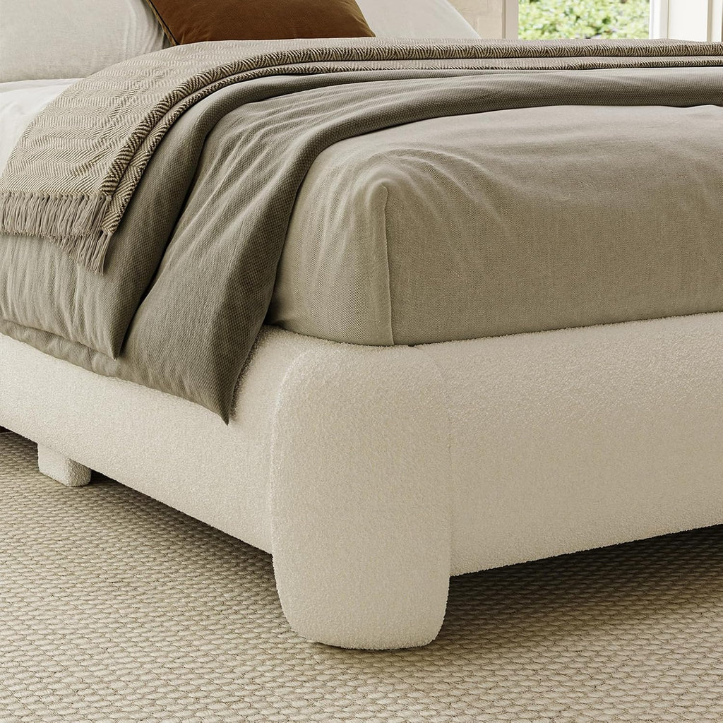Cloud Full Size Platform Bed Frame, Soft Boucle Bed Frame with Round Corner, Upholstered Bedframe Full with Heavy Duty Wood Slat, No Box Spring Needed, Easy Assembly, White