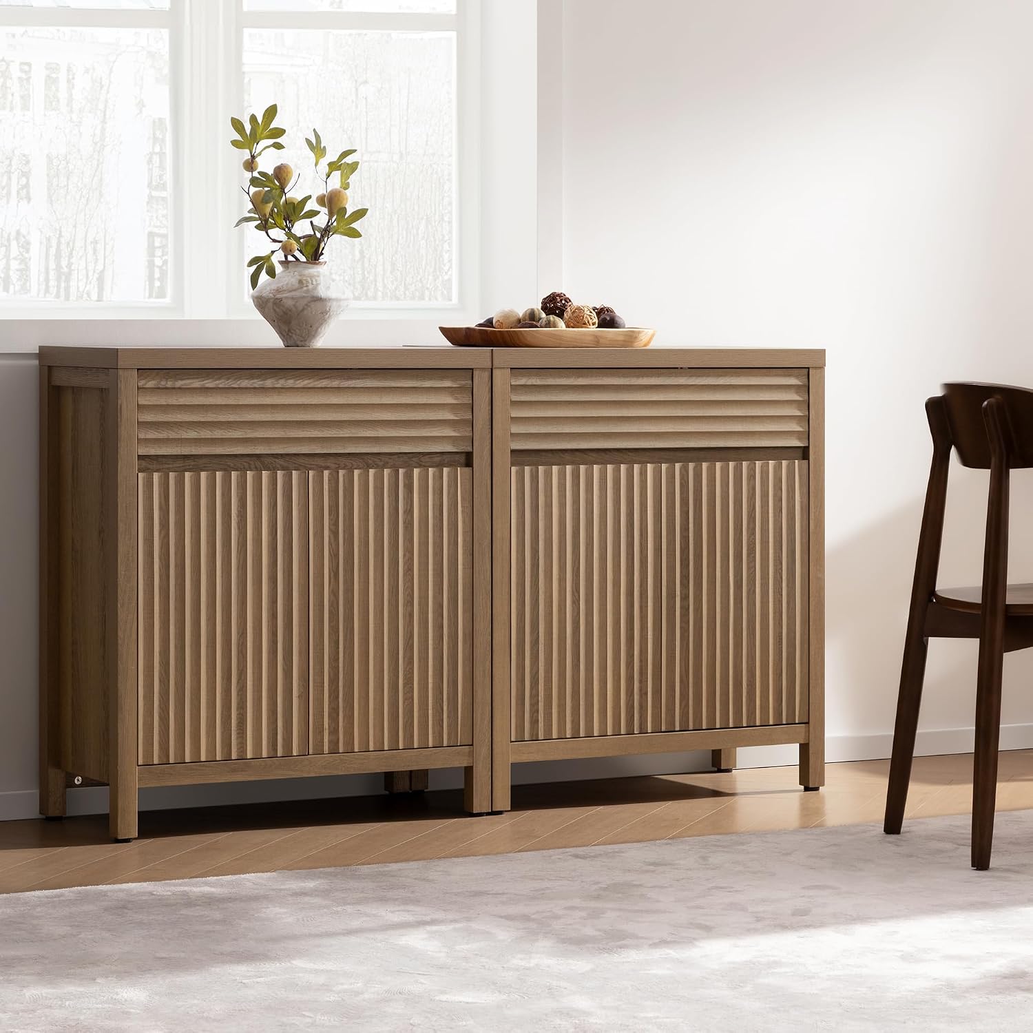 SICOTAS 87" Extra Large Buffet Cabinet with Storage, Modern Fluted Sideboard Cabinet with Drawers & Adjustable Shelves, Premium Credenza for Large Spaces, Reclaimed Caramel Oak, 3 PCS