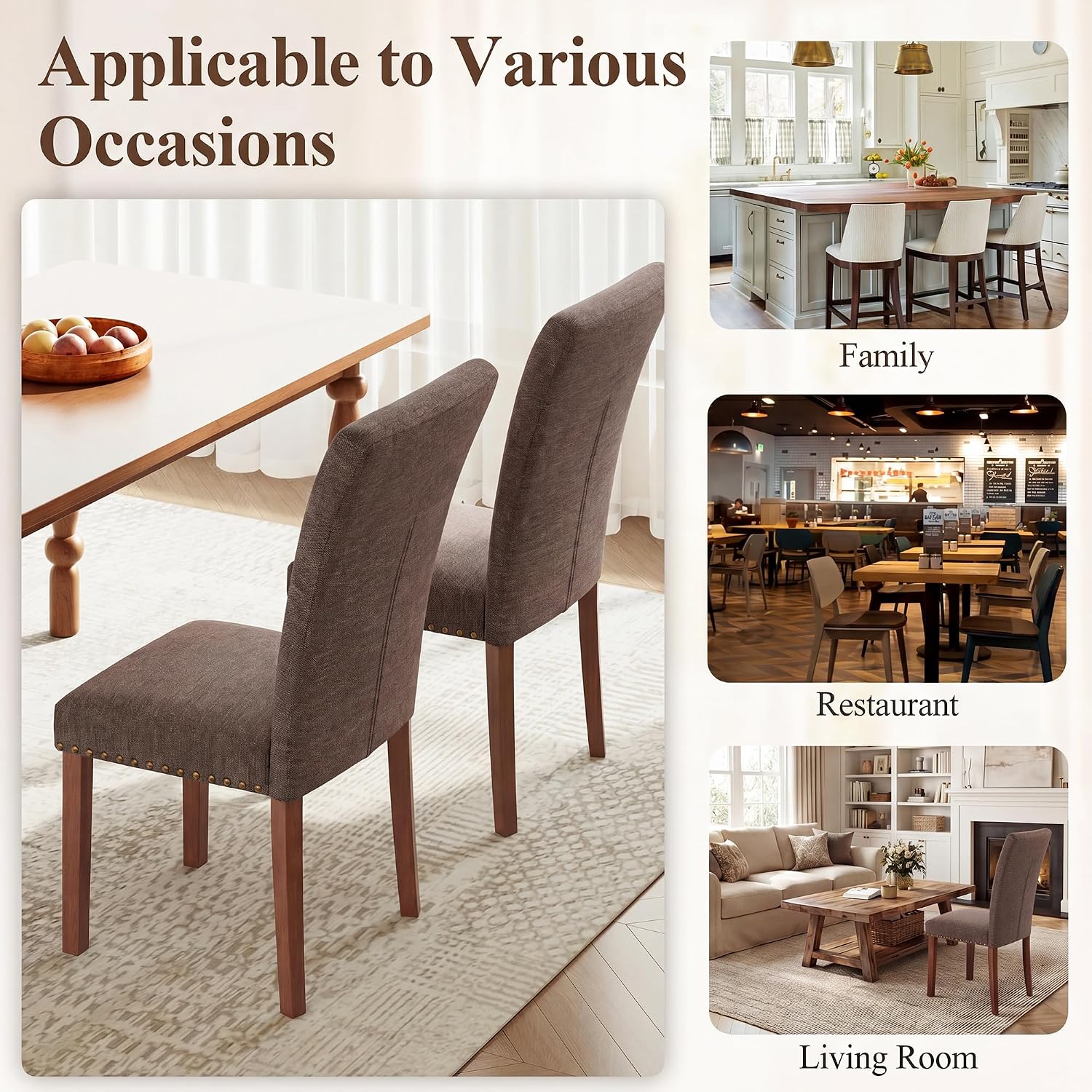 Farmhouse Dining Chairs Set of 6, High Back with Wooden Legs and Nailhead Trim, Modern Fabric Dining Room Chair for Kitchen/Restaurant