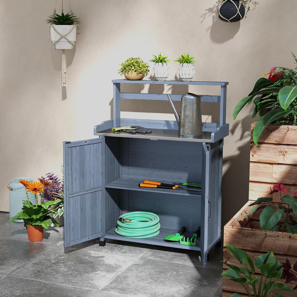 36" Farmhouse Style Storage Cabinet, Sideboard Cabinets with Galvanized Top, Living Room Organizer with Anti-Slip Feet for Outdoor Garden, Gray