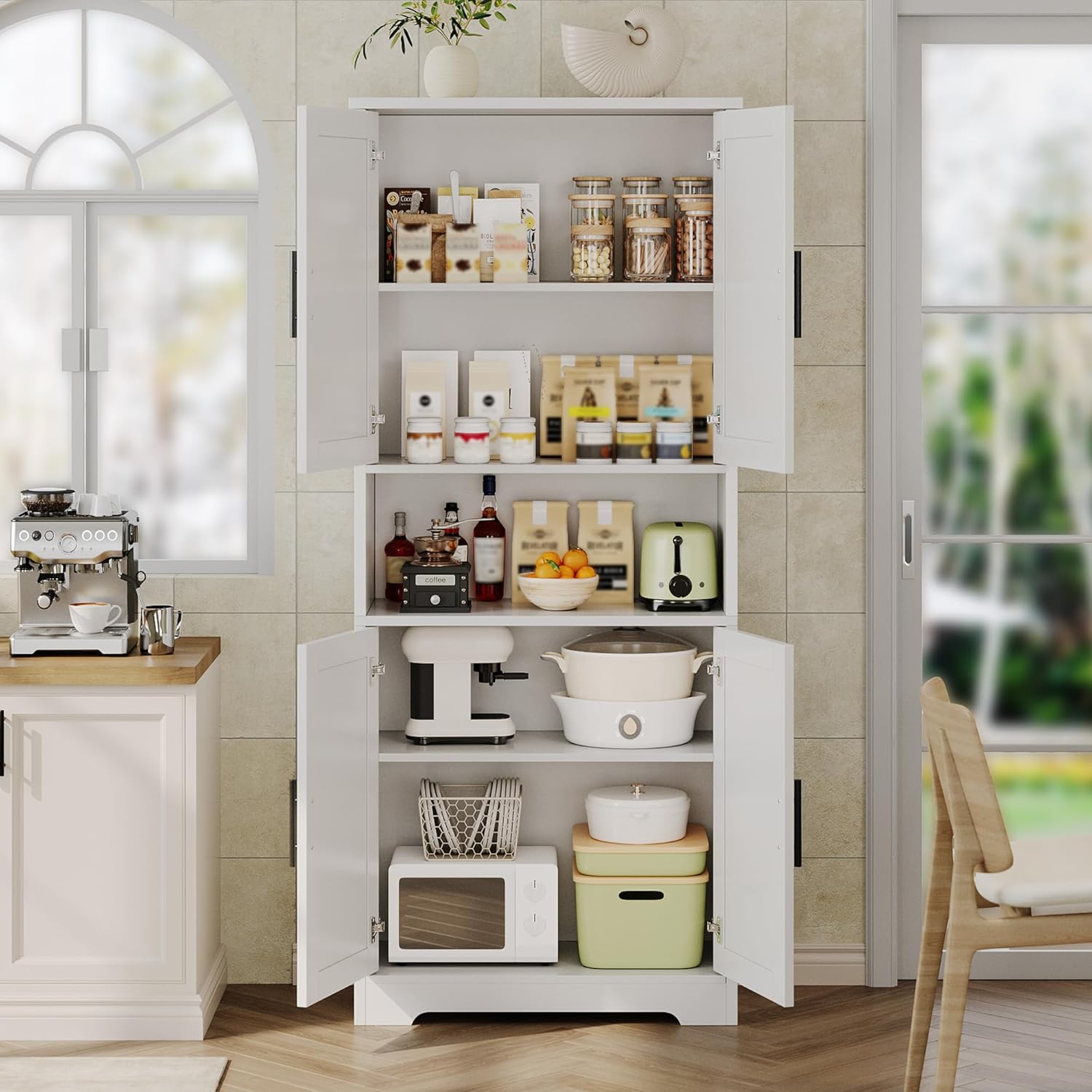 Tall Kitchen Pantry Cabinet with 4 Doors, 70 Inch Freestanding Storage Sideboard, Adjustable Shelves Wooden Cabinet for Living Room, Dining Room, Bathroom, Laundry Room Organization, White