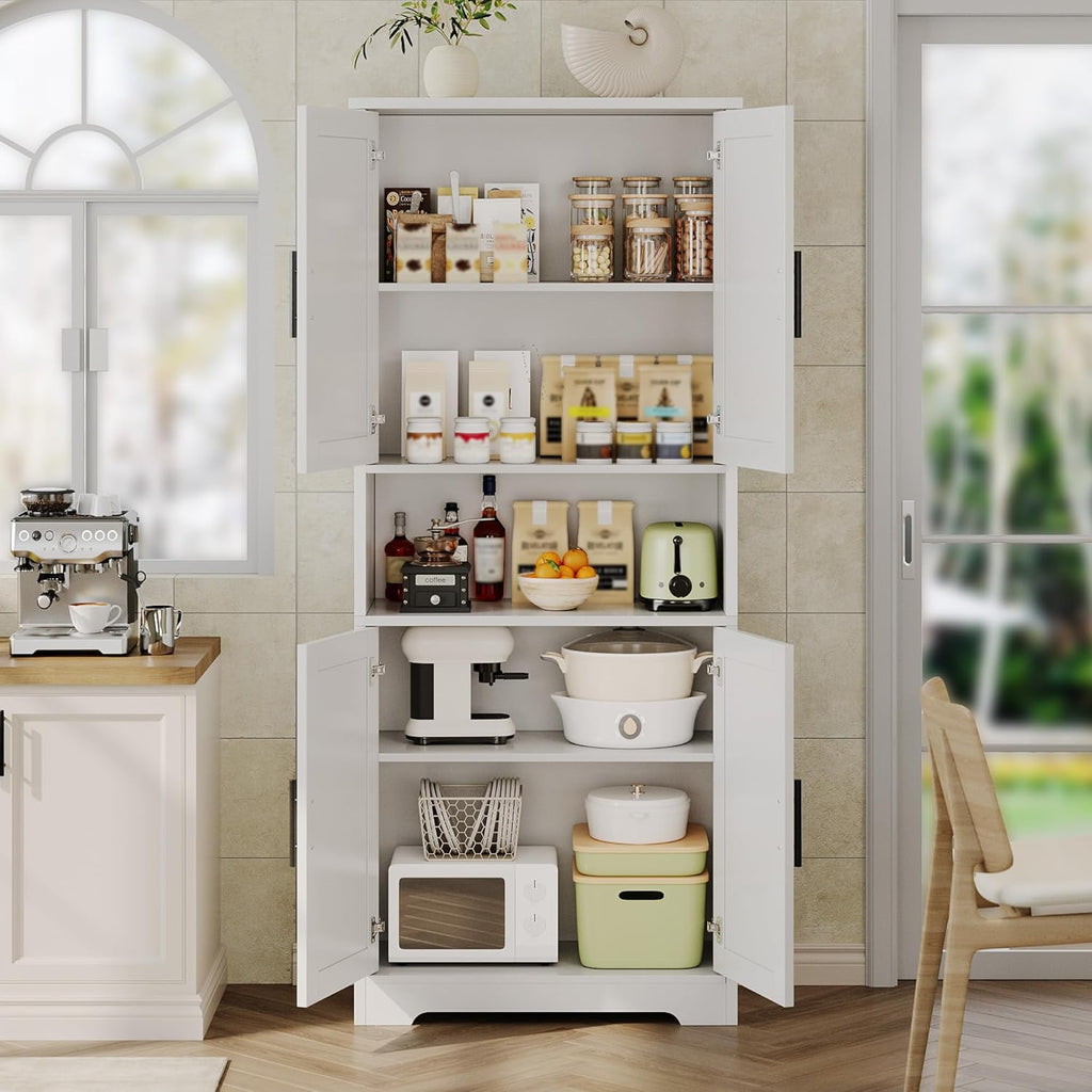 Kitchen Pantry Cabinet, 70in Tall White Storage Cupboard with Doors and Adjustable Shelves, Freestanding Stand Alone Wood Furniture Hutch for Living Room, Bathroom, Home Organization
