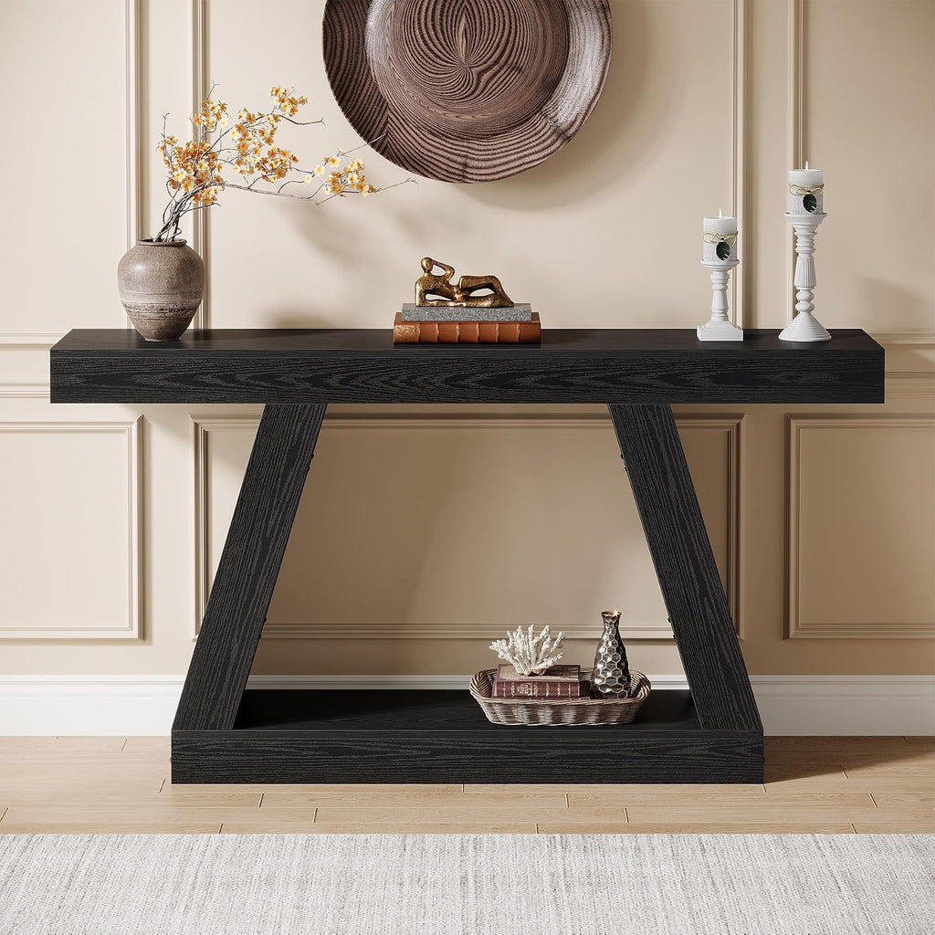 Tribesigns Farmhouse Console Table, 55-Inch Rustic Sofa Table with Storage, Industrial Wooden Entryway Table for Hallway, Living Room, Black & Brown