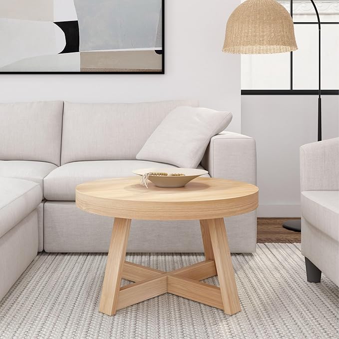 Plank+Beam Classic Round Coffee Table, 30 Inch Farmhouse Coffee Table, Rustic Mini Center Tables for Small Spaces, Small Living Space Tea Table, Blonde Wirebrush