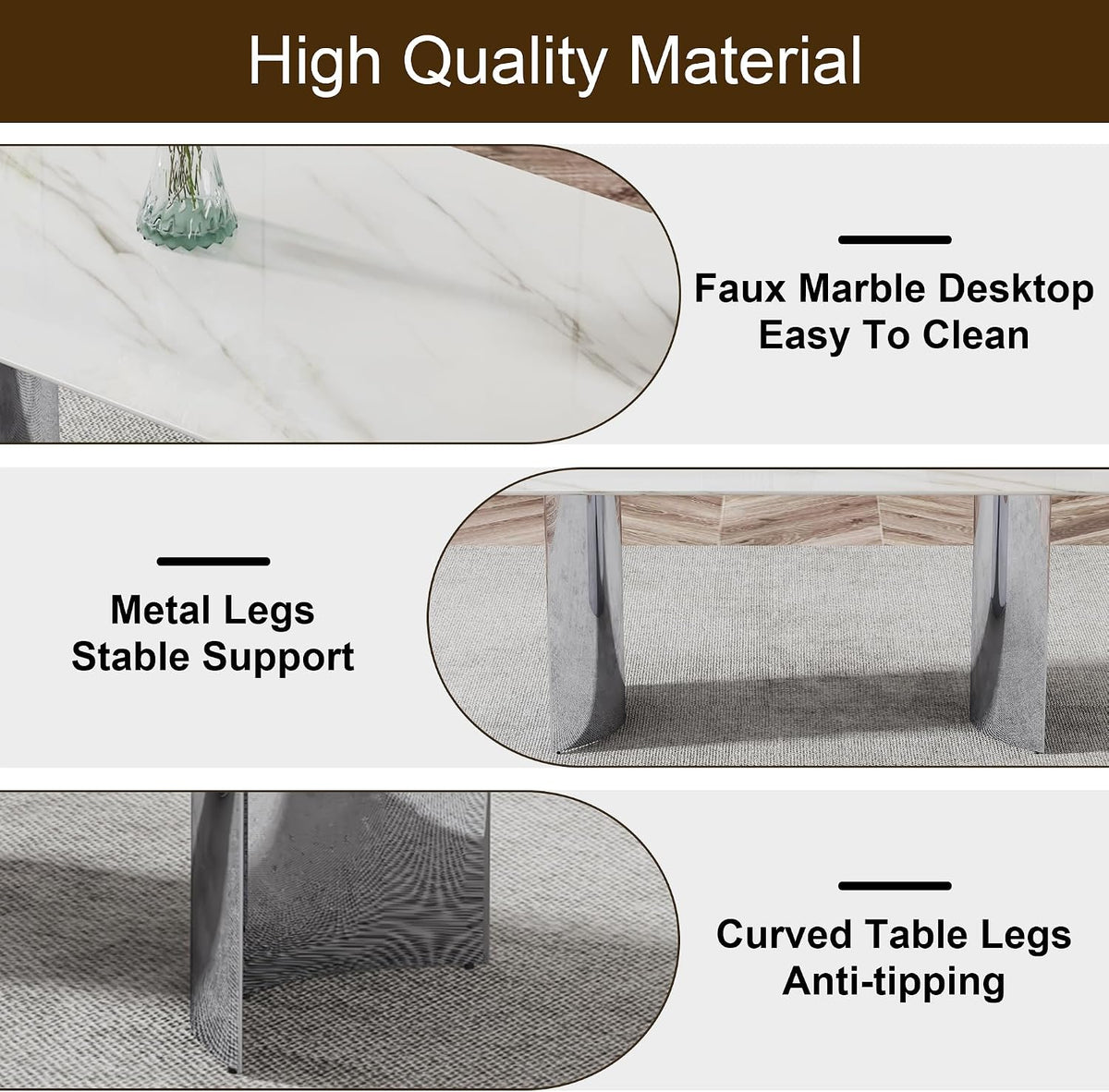 Marble Dining Table Set for 6,63" Kitchen Table Set of 6,Rectangle Dining Room Table Set with Silver Chrome Legs,Tempered Glass Dining Table Set with White Faux Leather Chairs for Dining Room