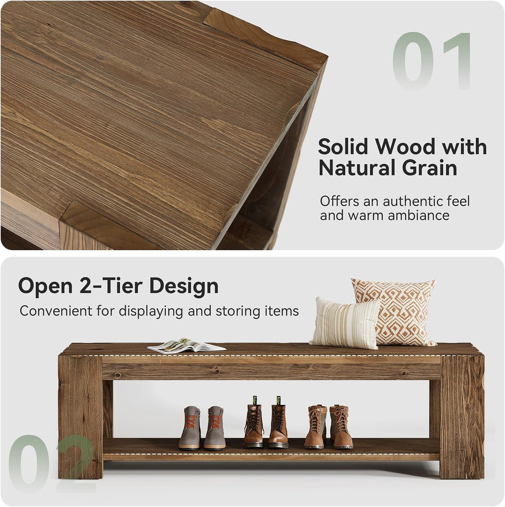 Solid Wood Entryway Bench with Storage Shelf, 55.12-Inch 2-Tier Wood Shoe Bench Seating for Entrance, Hallway, Dining Room, Living Room, Mudroom, Bedroom, Rustic Brown