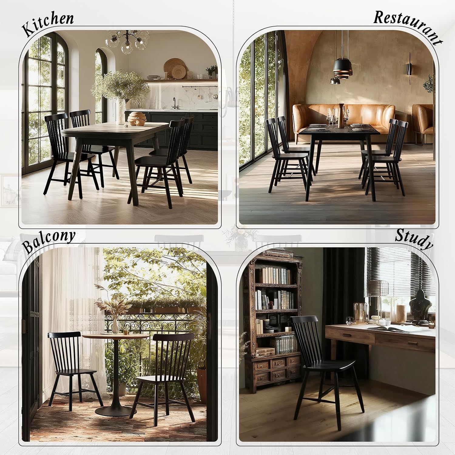 Kmax Dining Chairs Set of 4 Vintage Kitchen Chairs Windsor Chairs with Solid Wood Legs Farmhouse Country Style, Black