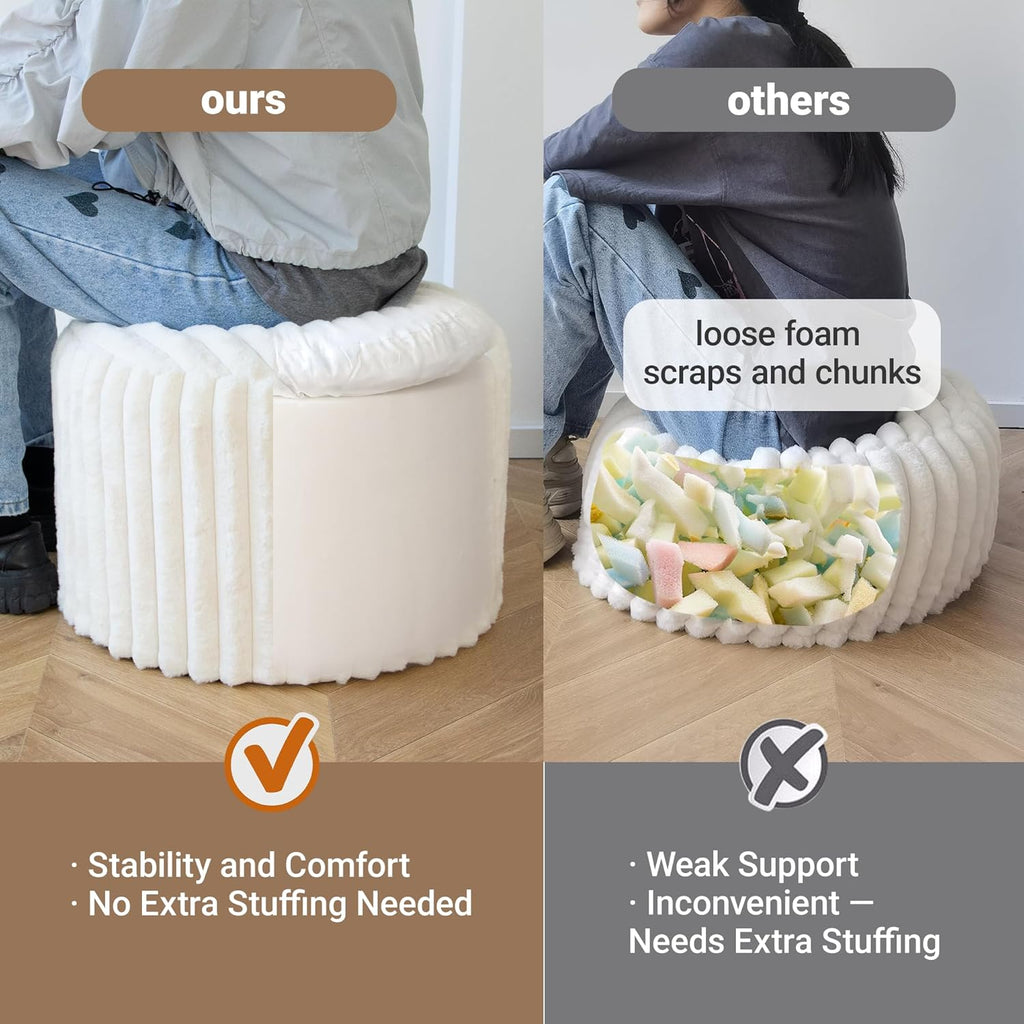 Round Stuffed Pouf Ottoman, Stripe Faux Fur Footrest, Solid Block Support+Soft Cushion Comfort, Removable Washable Cover, 20" Floor Pouf for Living Room Bedroom Dorm Vanity, Cream Beige