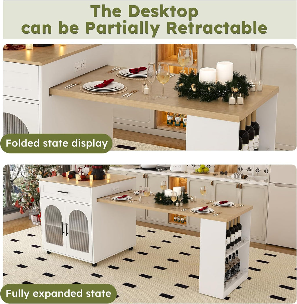 80" Kitchen Island with Extendable Dining Table, Marble-Grain Countertop with Power Outlet, Rolling Kitchen Cart with Storage Cabinet & 2 Drawers for Dining Room House Bar,Black