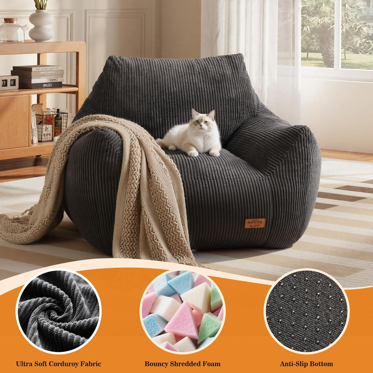 Big Bean Bag Chair for Adults, Ultra Soft BeanBag for Living Room | Stuffed BeanBag Chair with Armrests for Napping, Gaming, Vacuum-Compressed for Easy Gifting, 48 Hours to Fluffs Up, Dark Gray