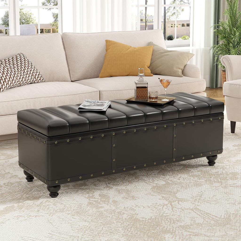Maupvit Storage Ottoman Bench, Faux Leather Ottoman with Storage, Bench for Bedroom end of Bed, Upholstered Storage Benches for Living Room, Entryway, Hallway, Foot Rest, Black