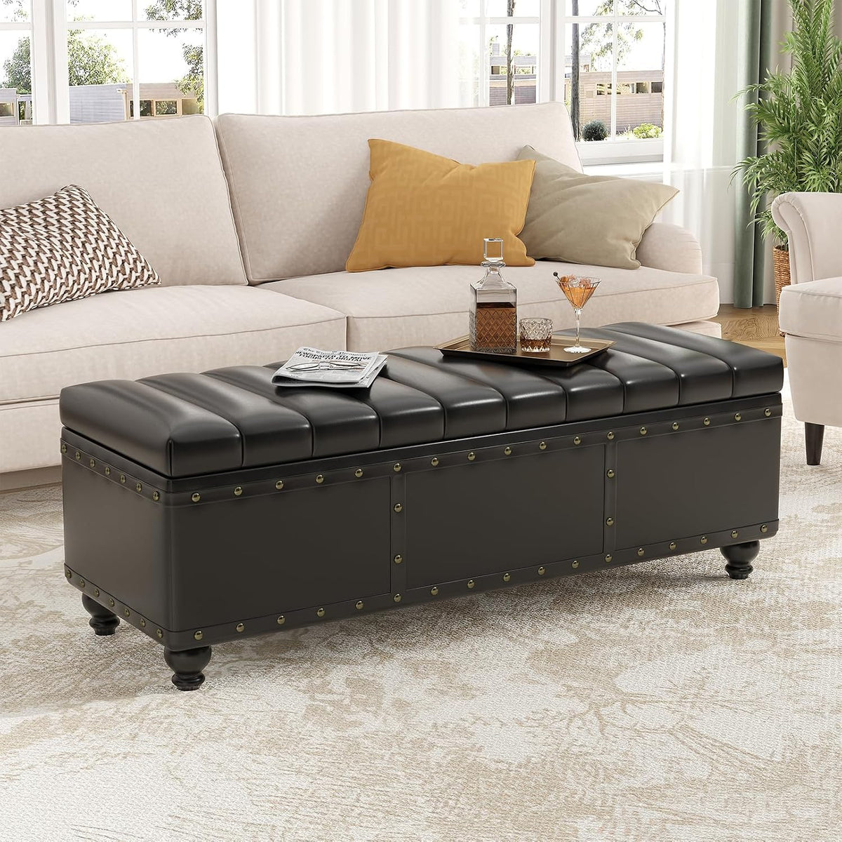 Maupvit Storage Ottoman Bench, Faux Leather Ottoman with Storage, Bench for Bedroom end of Bed, Upholstered Storage Benches for Living Room, Entryway, Hallway, Foot Rest, Black