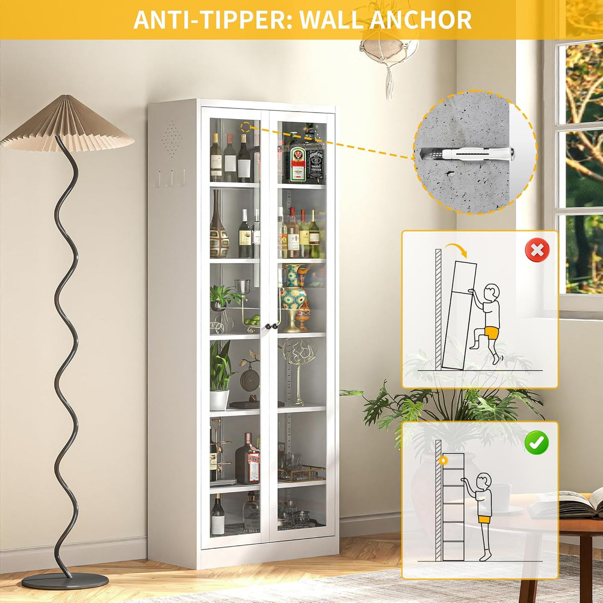 Kitchen Pantry Cabinet, 72" Tall Pantry Storage Cabinet with Adjustable Shelves and Glass Doors, Metal Storage Cabinets with Handle for Living Room, Kitchen, Assemble Required (White)