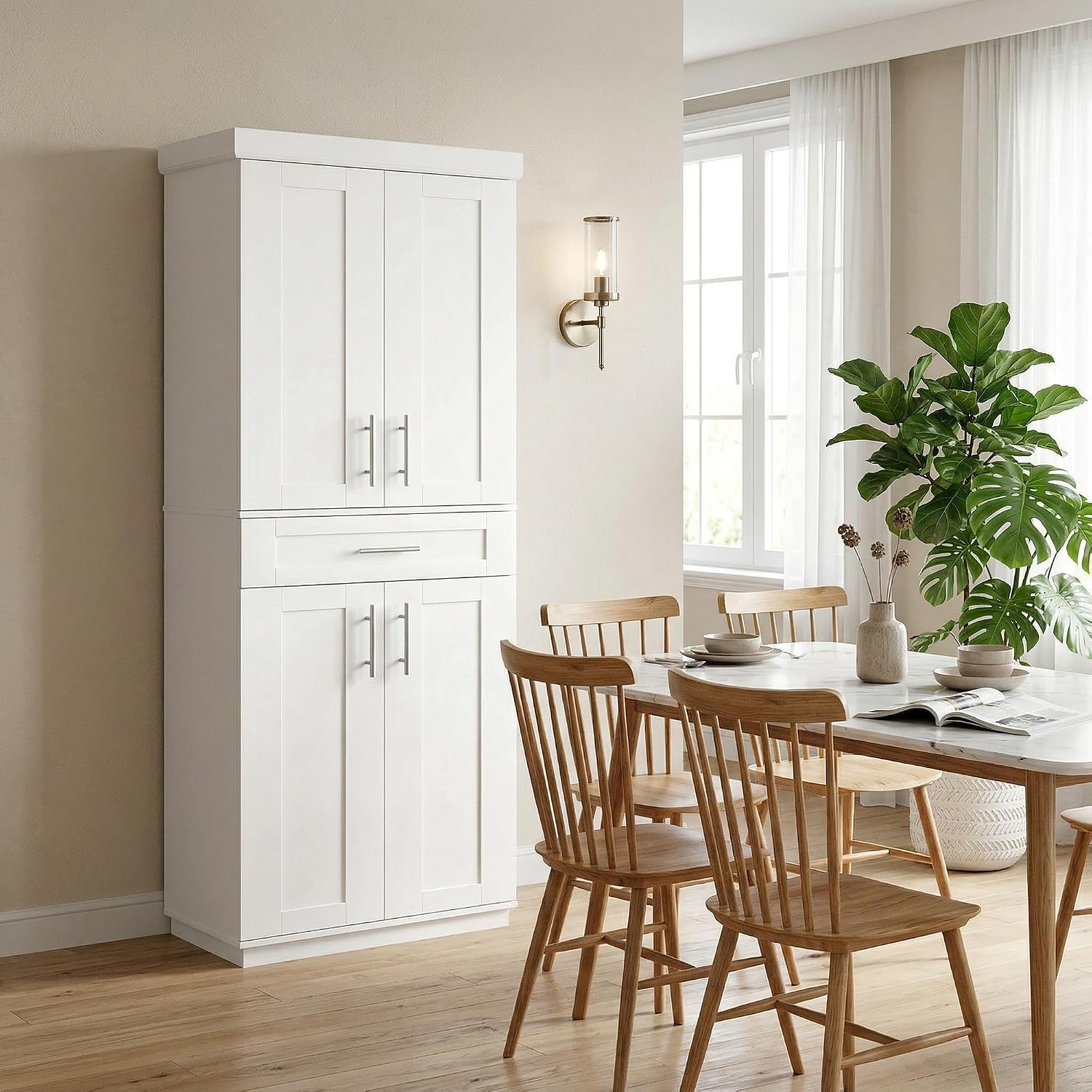 HOMCOM 72" Kitchen Pantry Cabinet Freestanding Storage Cabinet White | 4 Doors, Drawer, 3 Adjustable Shelves, for Dining Room
