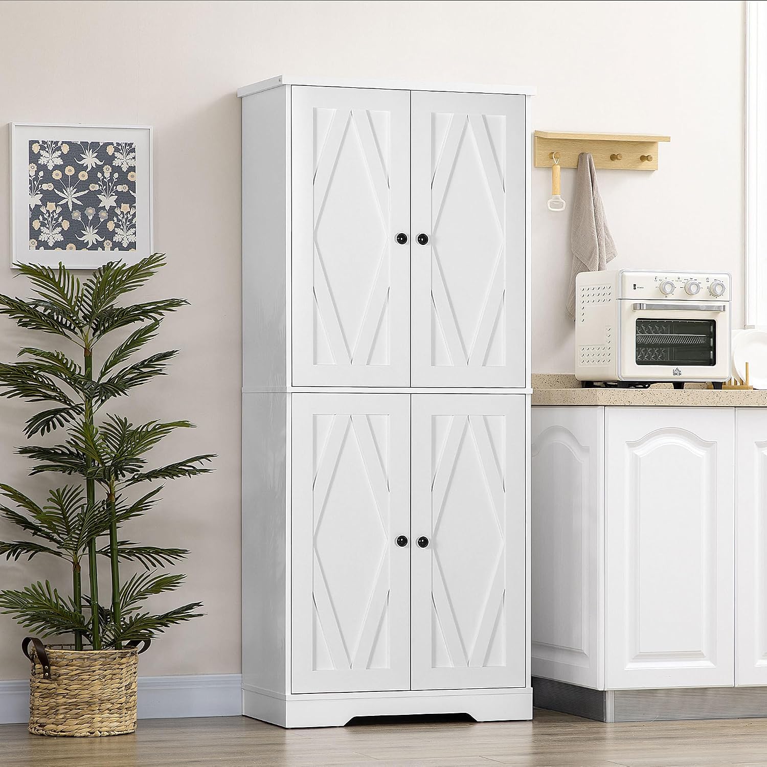 70.75" Farmhouse Kitchen Pantry Cabinet, Freestanding Tall Storage Cabinet with 4 Barn Doors and Adjustable Shelves for Dining Room, White
