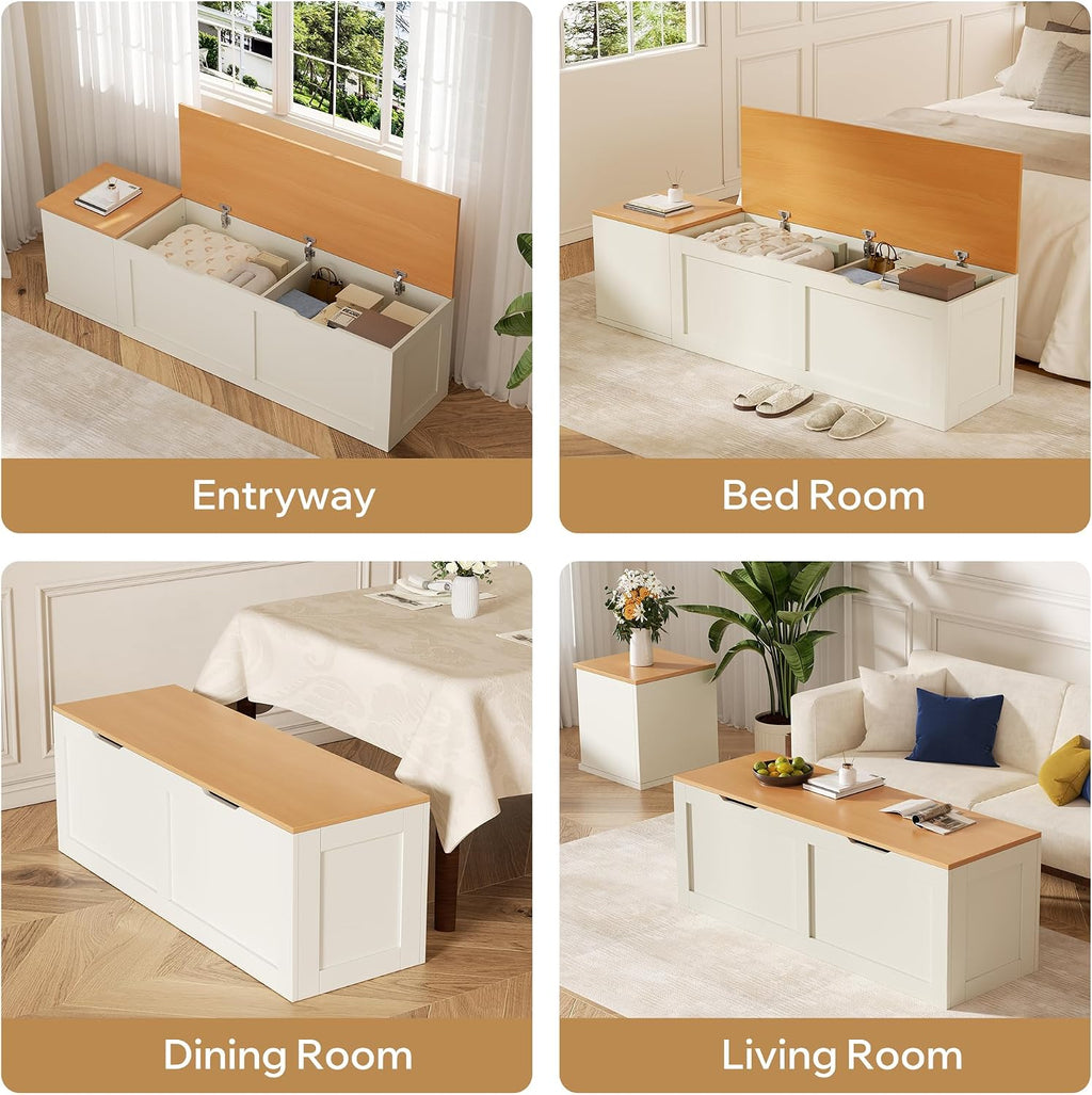 L Shaped Bench with Storage, 63" Breakfast Nook Benches, Wood Kitchen Corner Dining Bench Seating for Entryway Dining Room, Kitchen, Oak and White