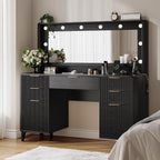 Fluted Makeup Vanity Desk with Large 39.3" Mirror and Lights, 48.8" Wood Vanity, Large Vanity Dressing Table, Modern Wooden Vanity Table for Women and Girls, Bedroom or Dorm (Inky Black)