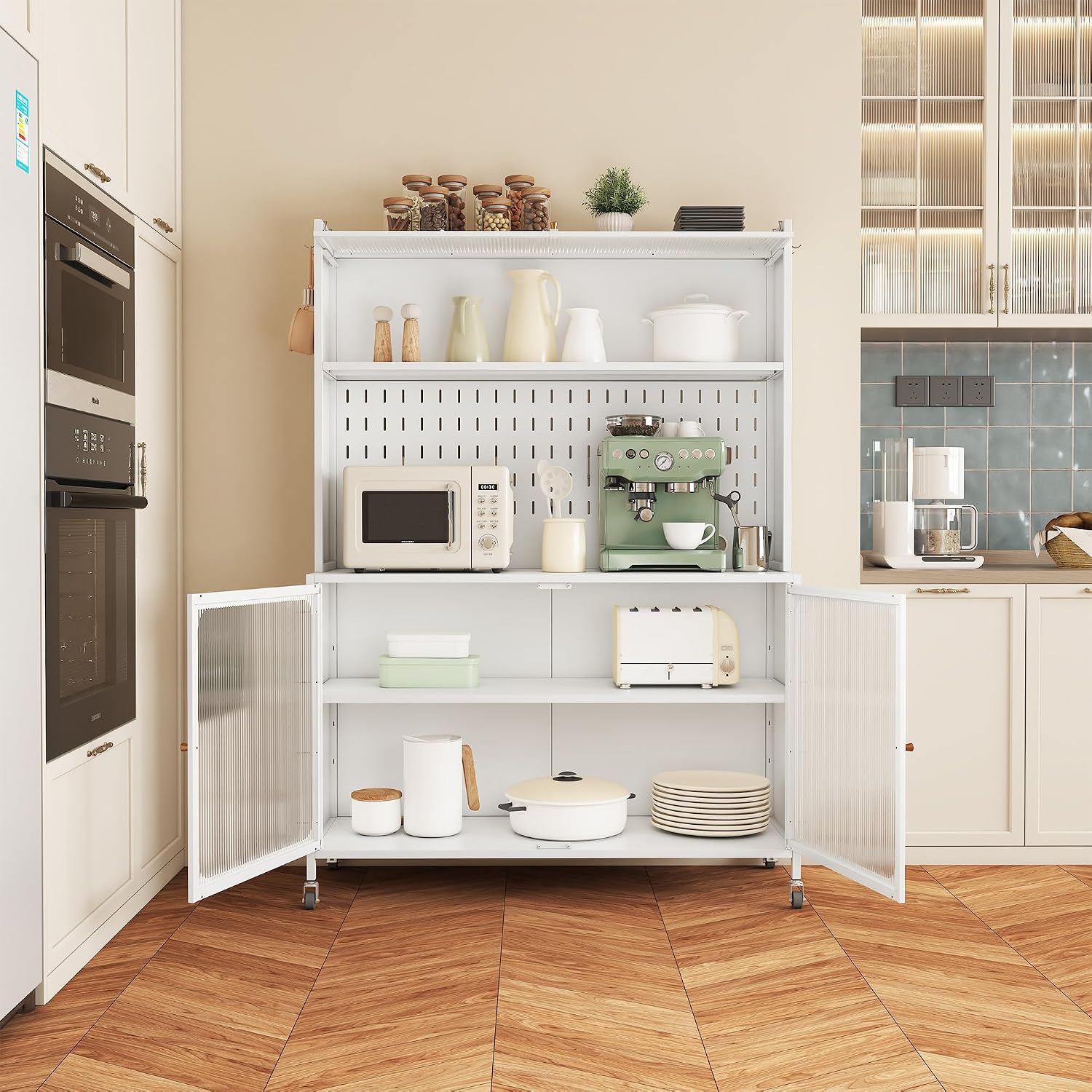 Kitchen Pantry Cabinet Tall Storage Cabinet with Glass Doors & Adjustable Shelves White Modern Cupboard for Kitchen Living Room Dining Room