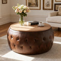 YDcosyfy 25 Inches Large Round Storage Ottoman, Modern Upholstered Ottoman Coffee Table, Wooden Top, Faxu Leather Surface, for Living Room, Bedroom, Classic Tufting, Brown
