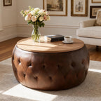 YDcosyfy 25 Inches Large Round Storage Ottoman, Modern Upholstered Ottoman Coffee Table, Wooden Top, Faxu Leather Surface, for Living Room, Bedroom, Classic Tufting, Brown