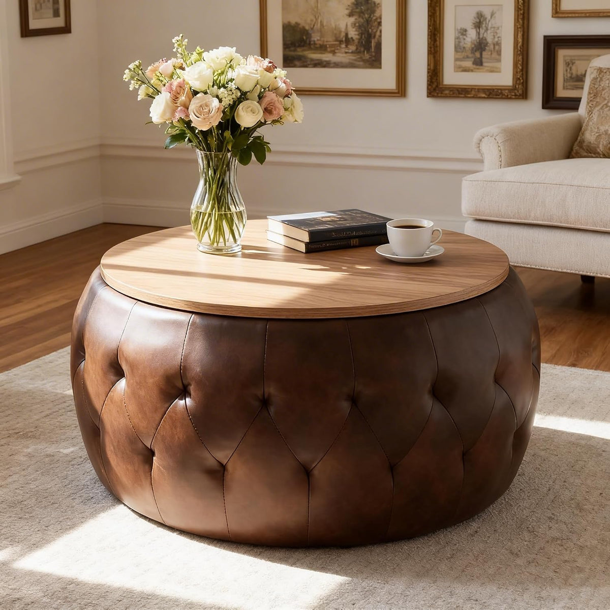 YDcosyfy 25 Inches Large Round Storage Ottoman, Modern Upholstered Ottoman Coffee Table, Wooden Top, Faxu Leather Surface, for Living Room, Bedroom, Classic Tufting, Brown