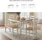 Signature Design by Ashley 6-Piece Dining Table Set with Bench and Chairs | Solid wood frame, Rubberwood, MDF, Wipe-clean mango wood veneer, 2-tone farmhouse style, Gesthaven Series
