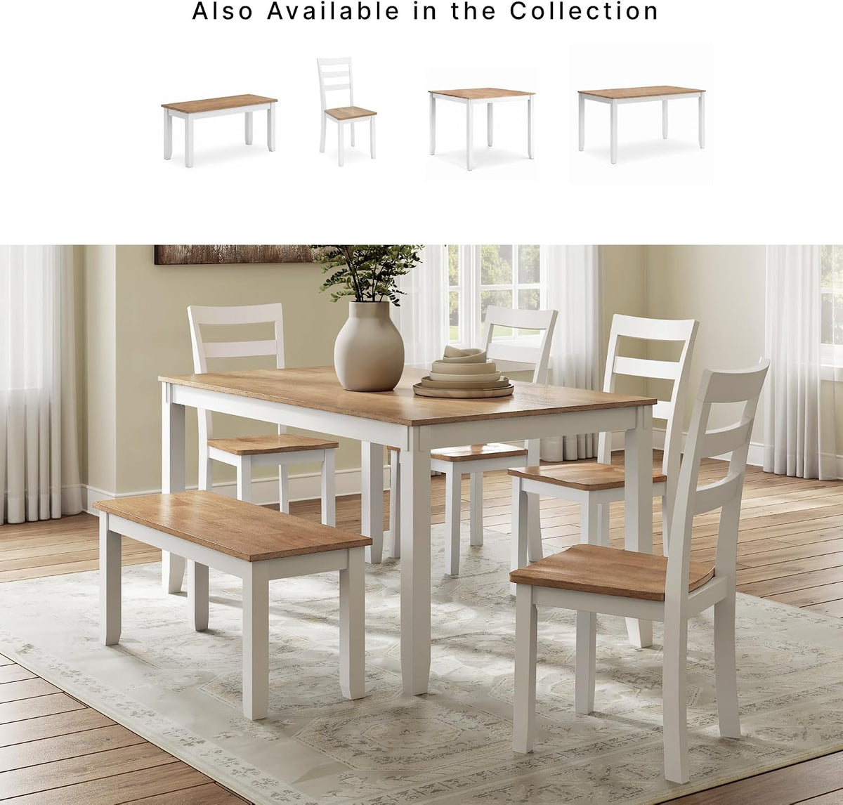 Signature Design by Ashley 6-Piece Dining Table Set with Bench and Chairs | Solid wood frame, Rubberwood, MDF, Wipe-clean mango wood veneer, 2-tone farmhouse style, Gesthaven Series