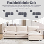 KIVENJAJA 103" Cloud Couch Sectional with Storage, L Shaped Sofa, Beige | 3 Seat, Side Pockets, Movable Ottoman, Corduroy, Deep Seat, Easy Assembly, for Living Room/Apartment