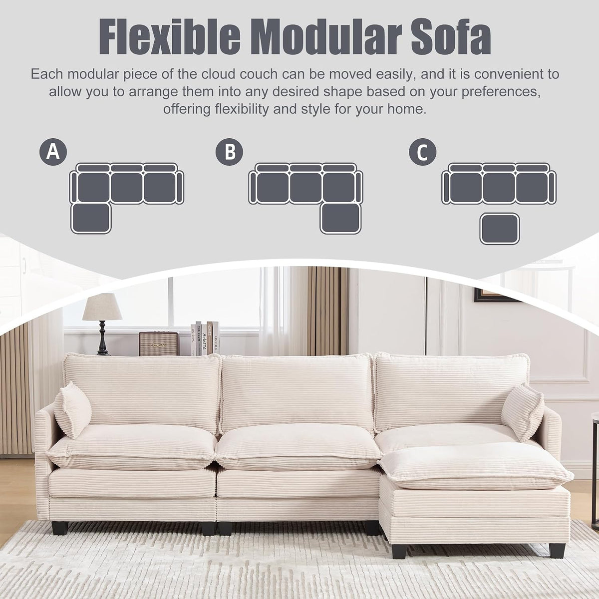 KIVENJAJA 103" Cloud Couch Sectional with Storage, L Shaped Sofa, Beige | 3 Seat, Side Pockets, Movable Ottoman, Corduroy, Deep Seat, Easy Assembly, for Living Room/Apartment