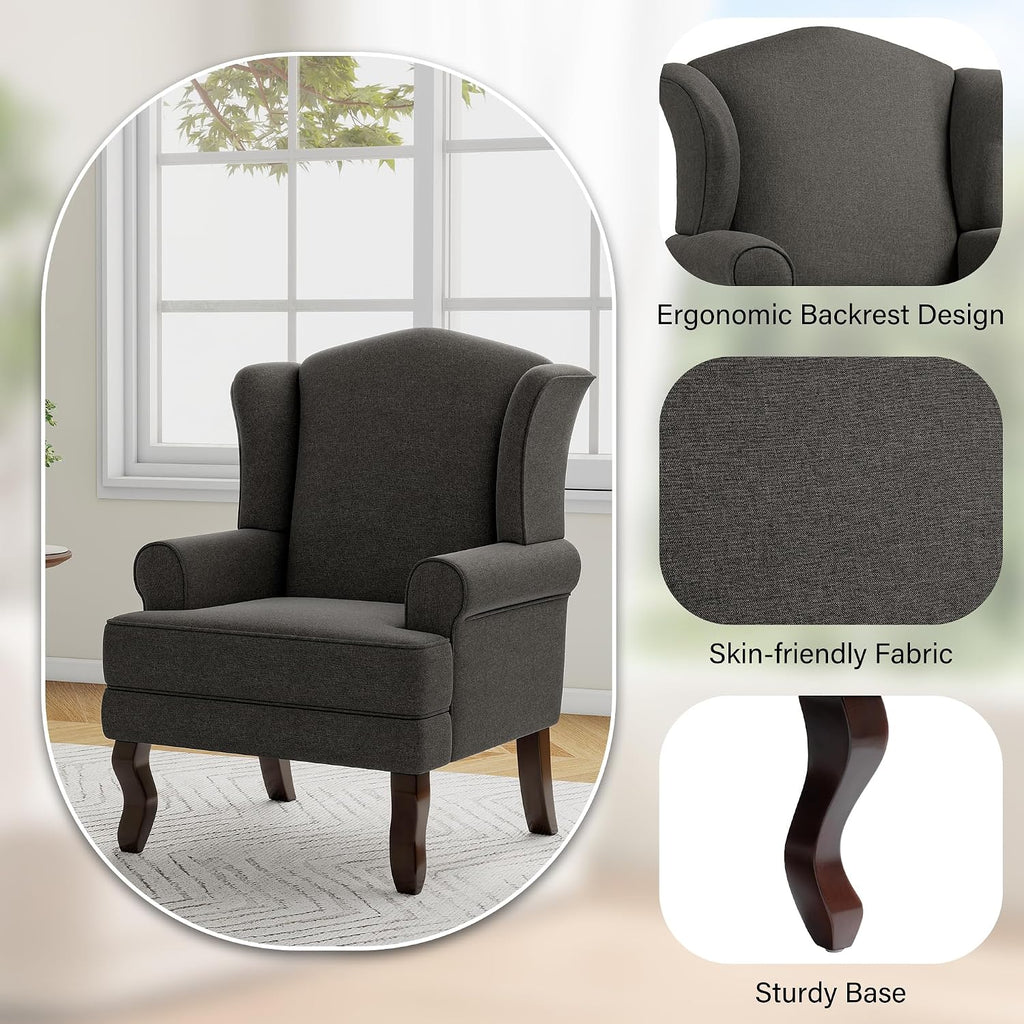 Lumibee High Back Accent Chair, Comfy Armchair with Solid Wood Legs for Living Room, Upholstered Accent Chair for Small Space, Single Sofa Reading Chairs for Office-Dark Gray