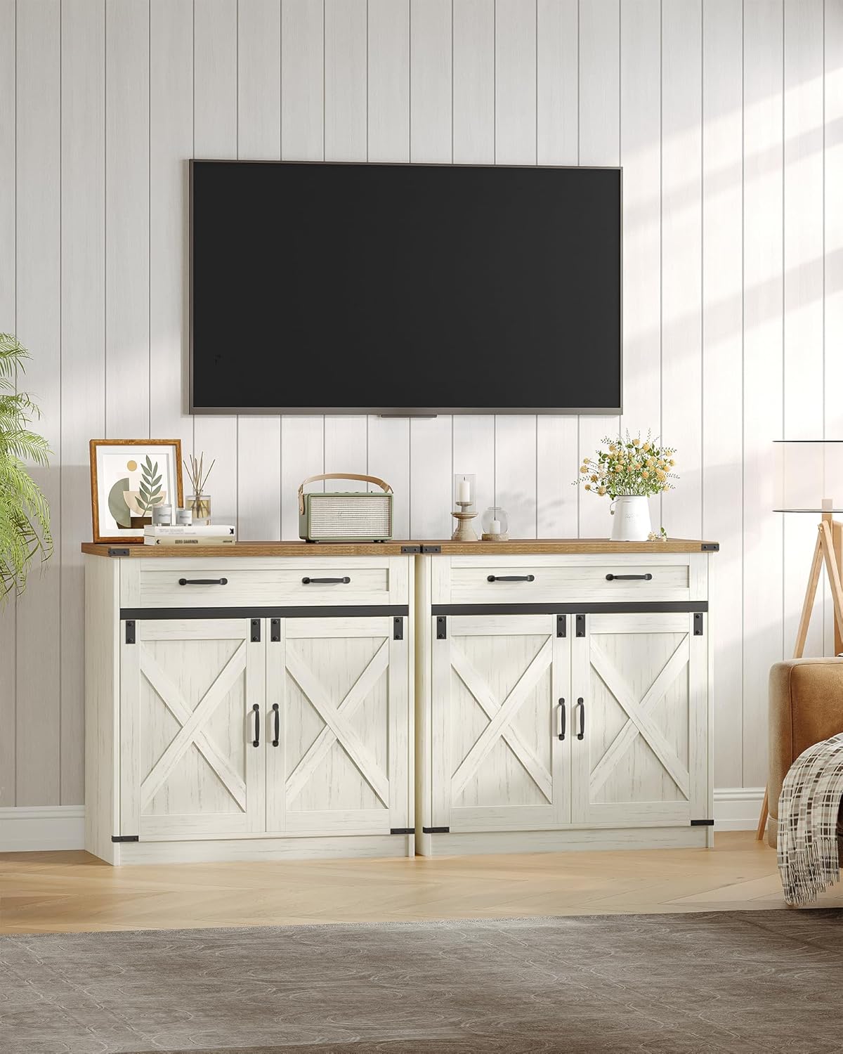 Hzuaneri Kitchen Storage Cabinet, Buffet Cabinet with Storage, Modern Farmhouse Sideboard Cabinets with Drawer, 31.5" Coffee Bar Cabinets with Doors & Adjustable Shelves, for Kitchen, White Brown