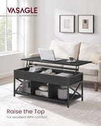 VASAGLE Lift Top Coffee Table, Lift Coffee Table with Storage Shelf, Hidden Compartments and Lifting Top, for Living Room, Office, 19.7 x 47.2 x (19.3-24.4) Inches, Black with Wood Grain ULCT212B22