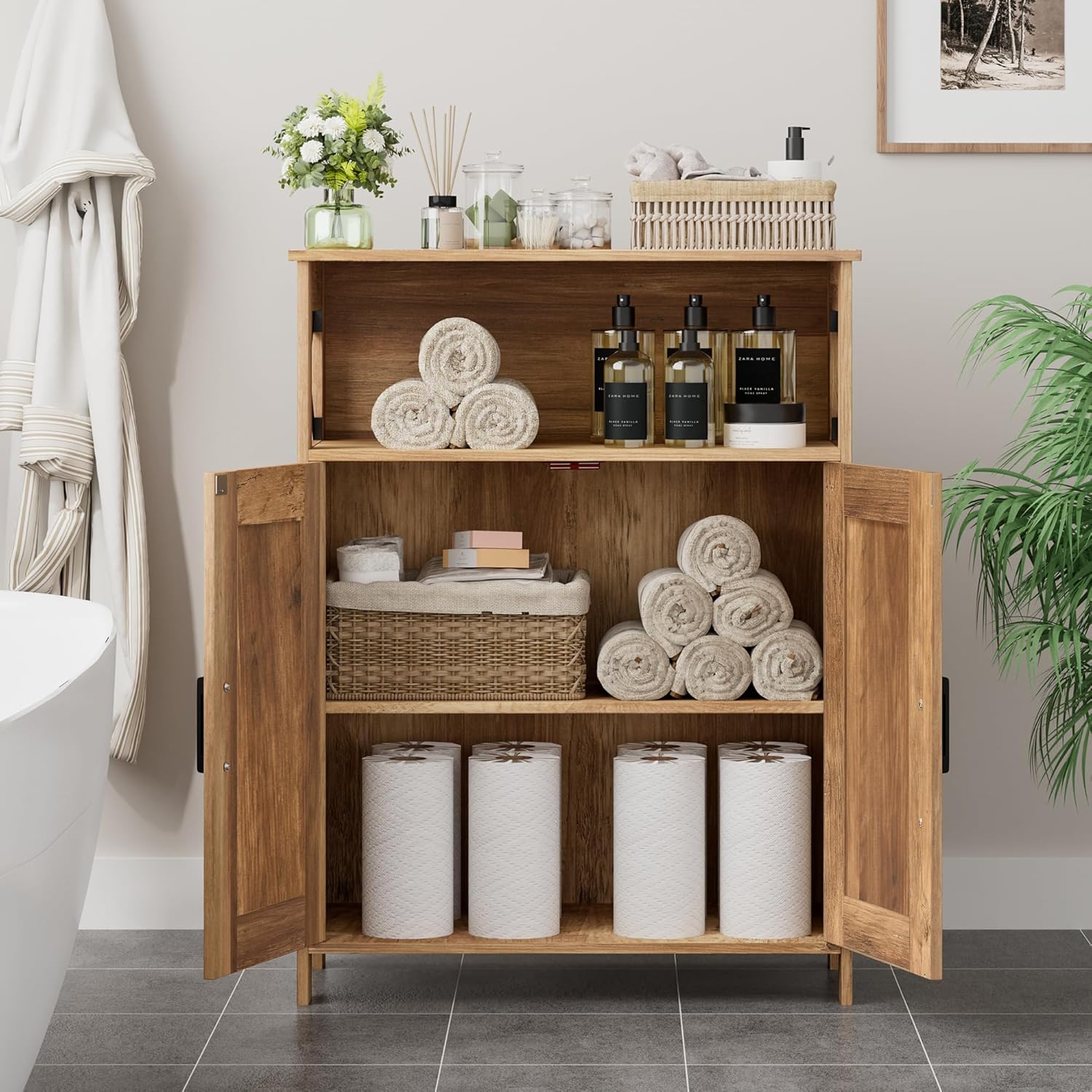 Homhedy Farmhouse Bathroom Storage Cabinet with 2 Doors, Toilet Paper Cabinet with Adjustable Shelf, Small Bathroom Cabinet for Kitchen/Laundry/Living Room, 11.8 x 23.6 x 31.5 Inches, Rustic Walnut