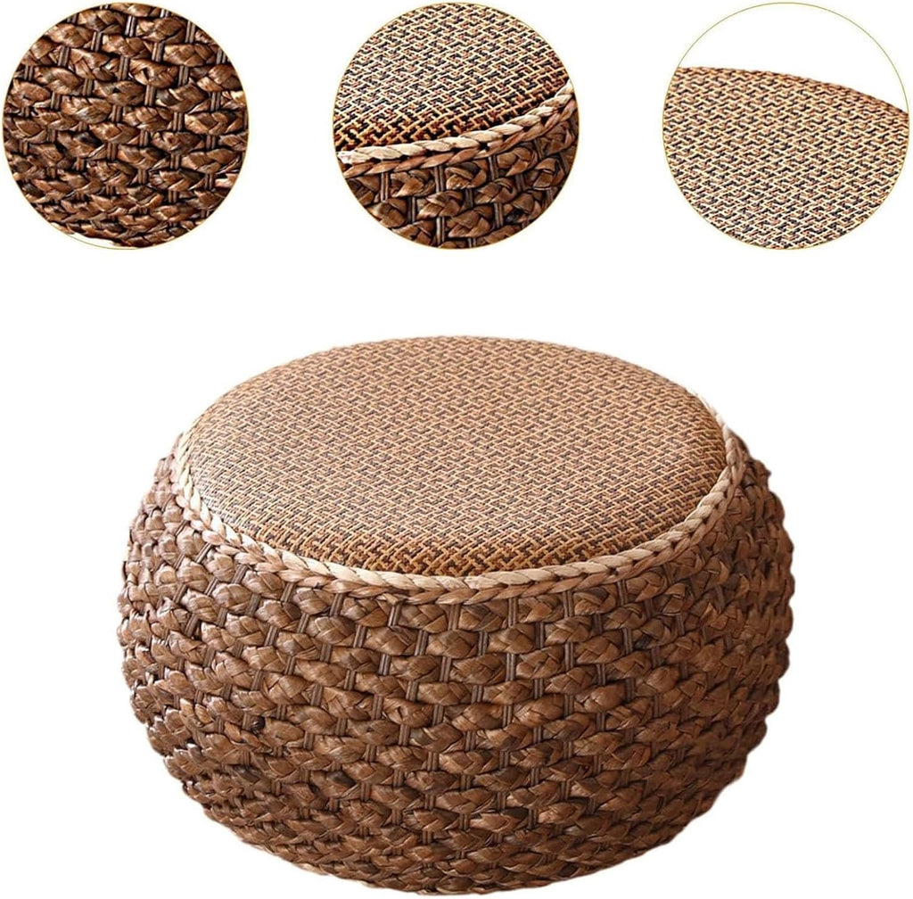 Small Round Ottoman Footrest Stool with Cushion Boho Decorative Accent Seat for Living Room Entryway Footrest Pouf Hand Knitted(22cm/8.6in)