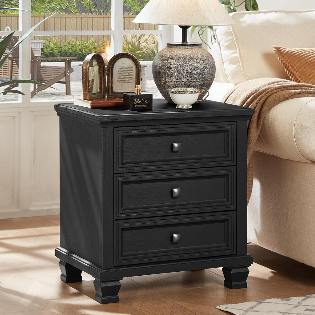 SAVOR LIFE 3-Drawer Nightstand Set of 2 with Solid Wood Legs, Black | Pair of three-drawer bedside tables with sturdy square wood legs for matching bedroom storage or living-room end tables