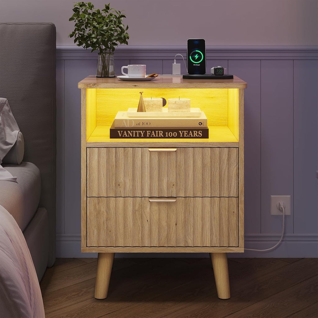 VIAGDO Fluted Nightstand with Charging Station and LED Lights, Modern Night Stand with 2 Drawers and Open Storage Cabinet, Bed Side Table with Gold Metal Handle for Bedroom, Natural Oak