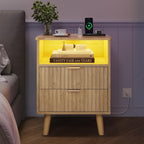 VIAGDO Fluted Nightstand with Charging Station and LED Lights, Modern Night Stand with 2 Drawers and Open Storage Cabinet, Bed Side Table with Gold Metal Handle for Bedroom, Natural Oak