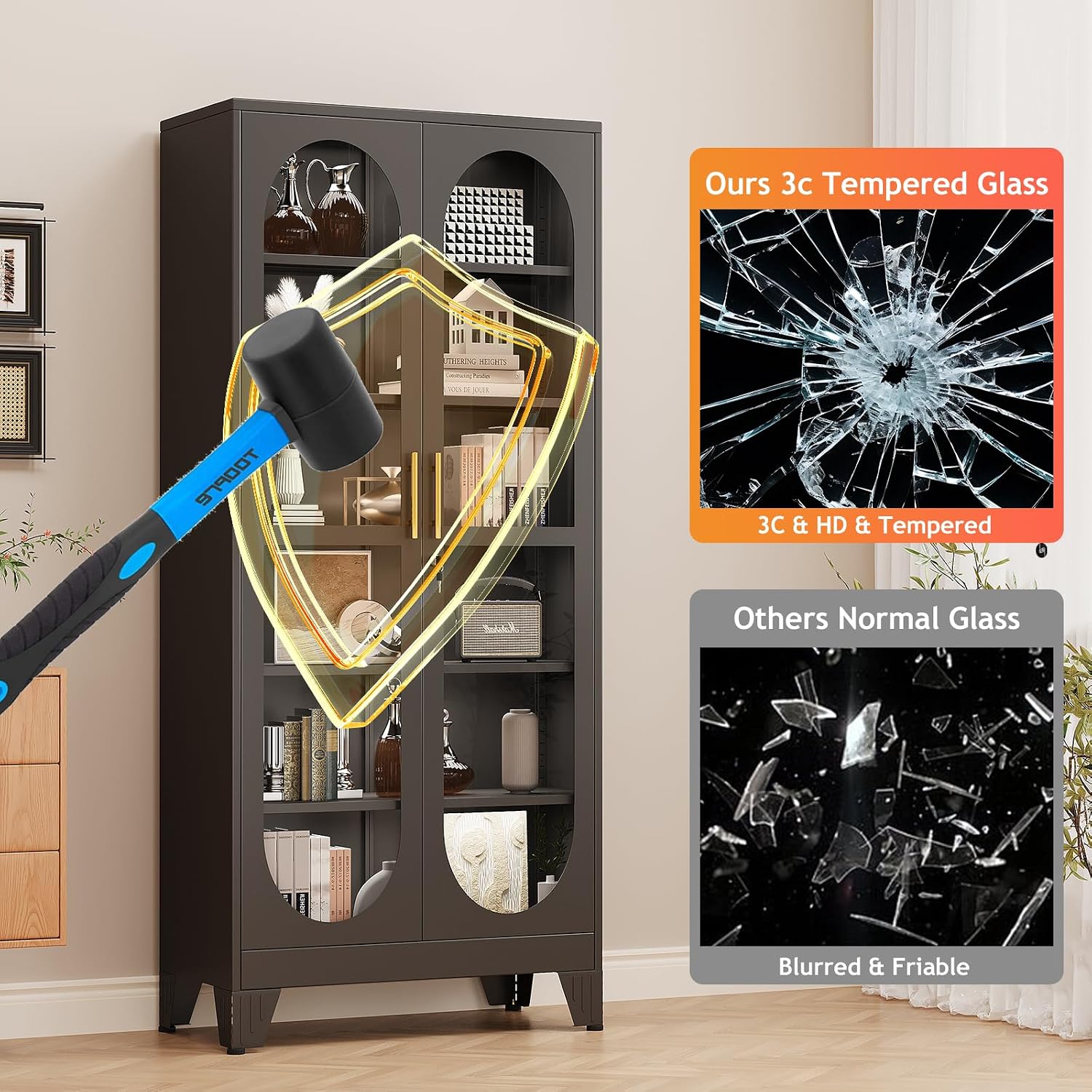75" H Locking Display Cabinet with Glass Door, Tall Storage Cabinet with 5 Adjustable Shelves, Metal Curio Cabinet Multi-Purpose Display Case for Collectibles Living Room/Bedroom/Kitchen/Bar