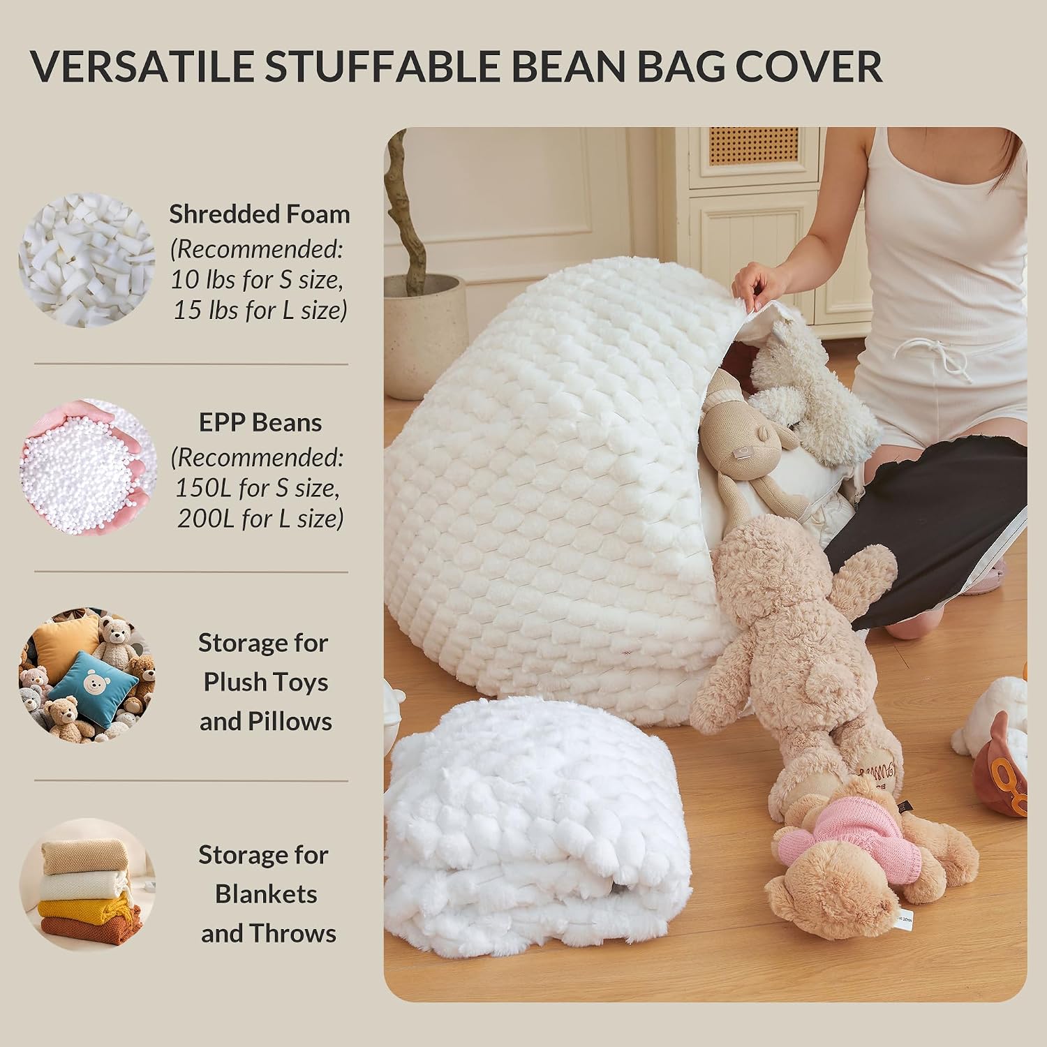 XeGe Luxury Bubble Fluffy Faux Rabbit Fur Bean Bag Cover(No Filler), Black | No-Shed, Non-Slip, Washable, Shaggy Stuffed Animal Storage Beanbag Cover for Bedroom Living Room Dorm Playroom Reading Nook