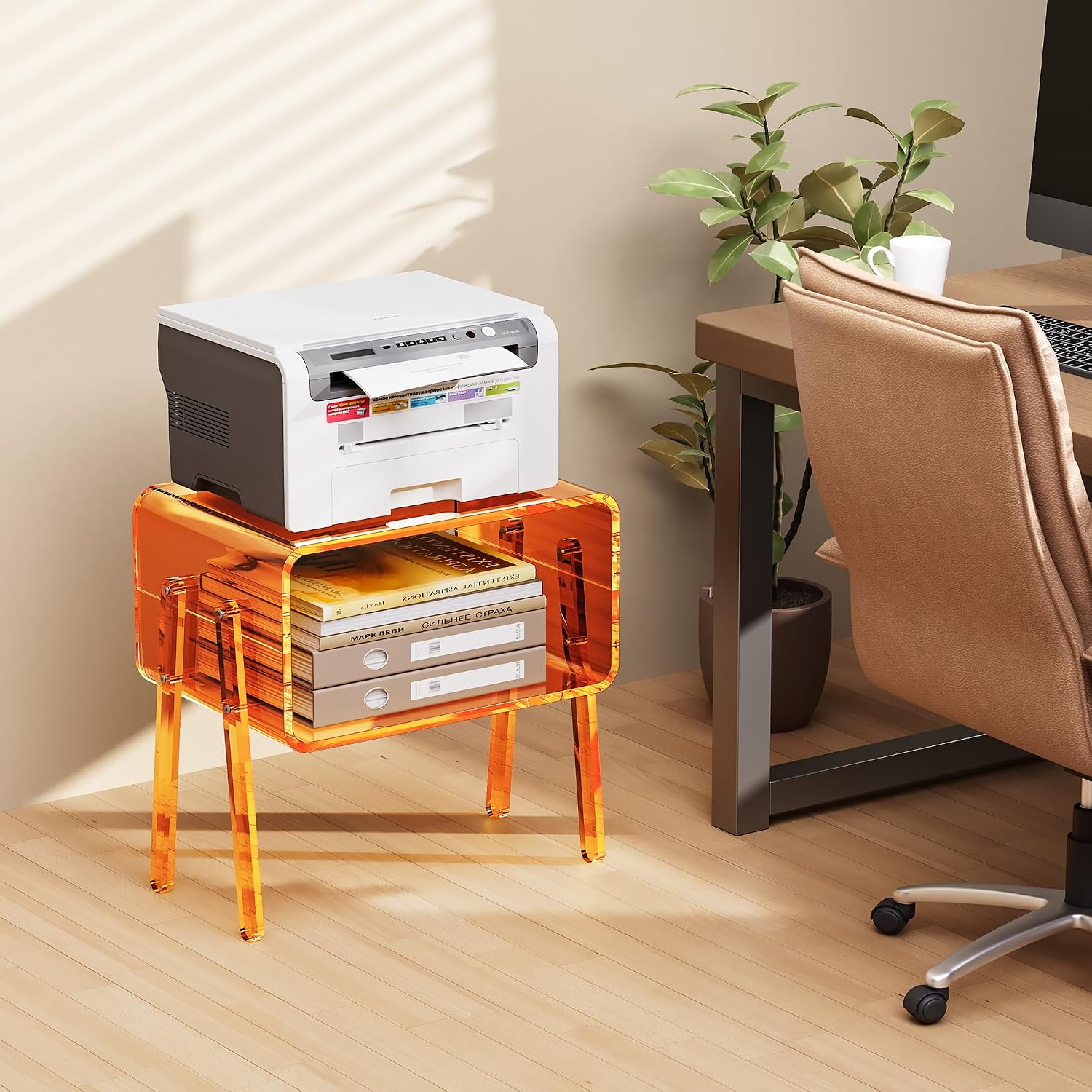 Acrylic Side Table, 2-Tier End Table with Open Storage for Small Spaces, Clear Nightstand Bedside Table with for Bedroom, Living Room (Orange, 16.9" × 11.8“ × 17”)