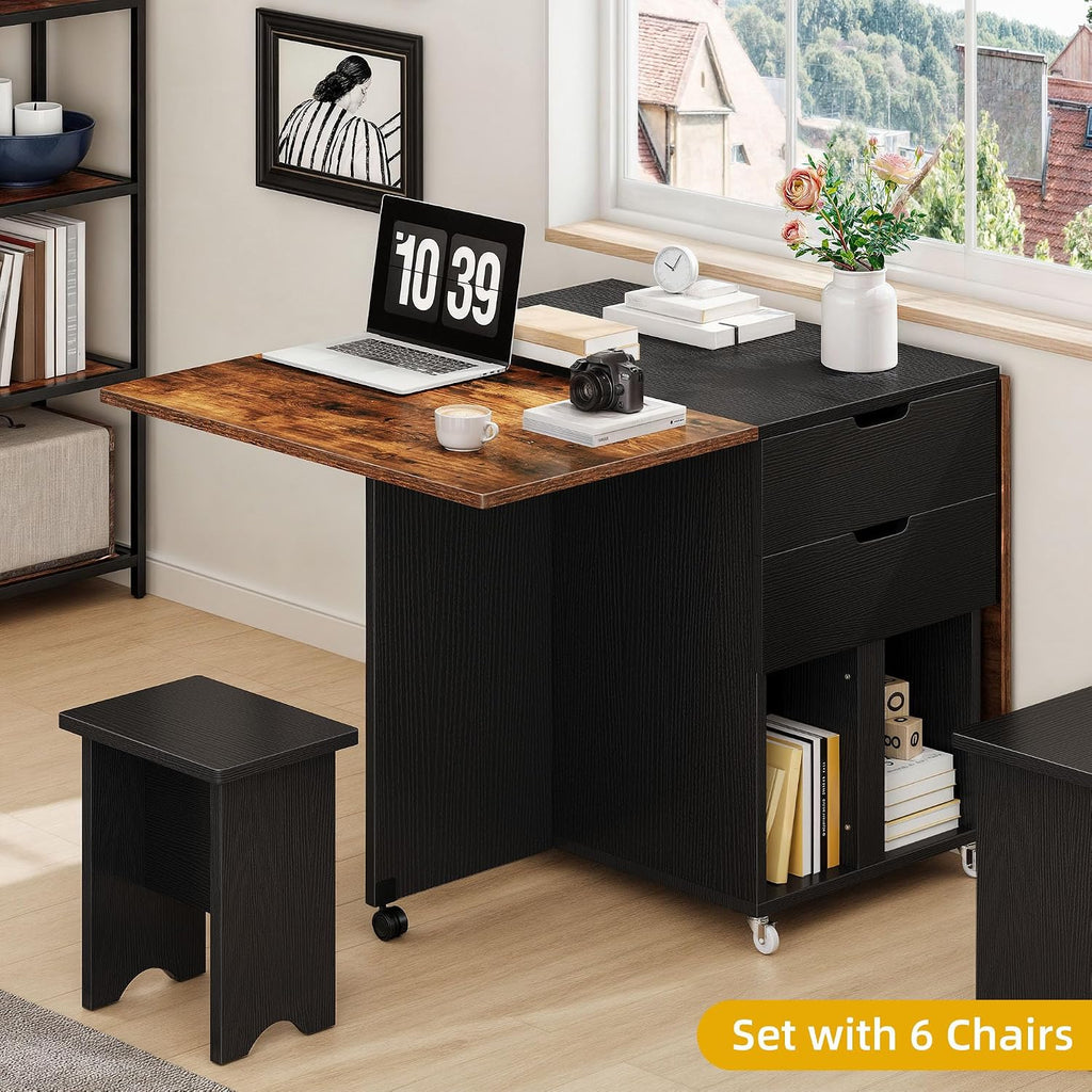 DWVO 7-Piece Extendable Dining Table Set with 6 Chairs, Rustic Brown | Drop leaf extendable table, 2 storage drawers, wheels, seats 6, space-saving for small spaces, easy assembly