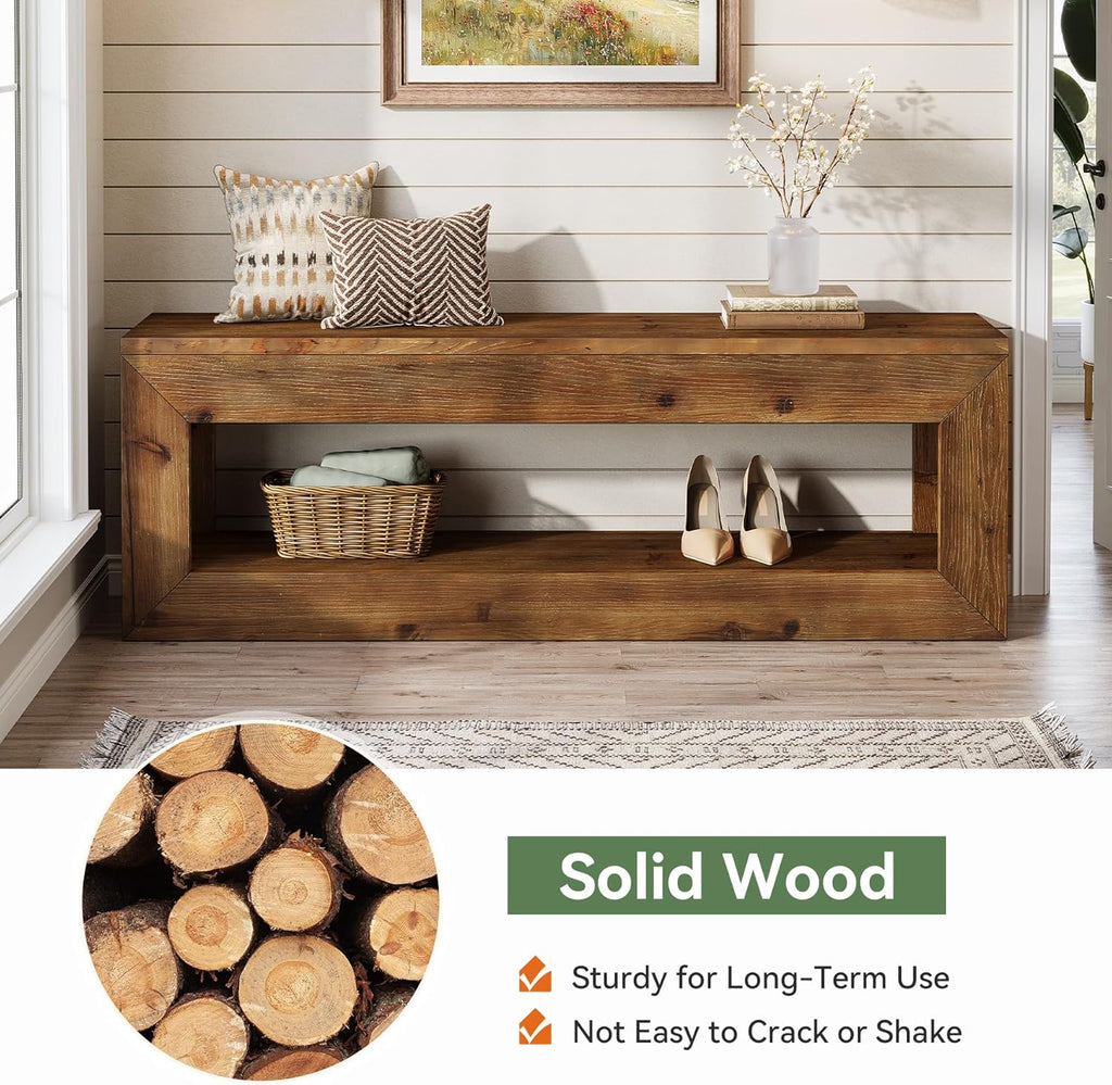Solid Wood Entryway Bench, 47" Rustic Farmhouse Indoor Bench Seat with Storage Shelf for Entrance, Hallway, End of Bed