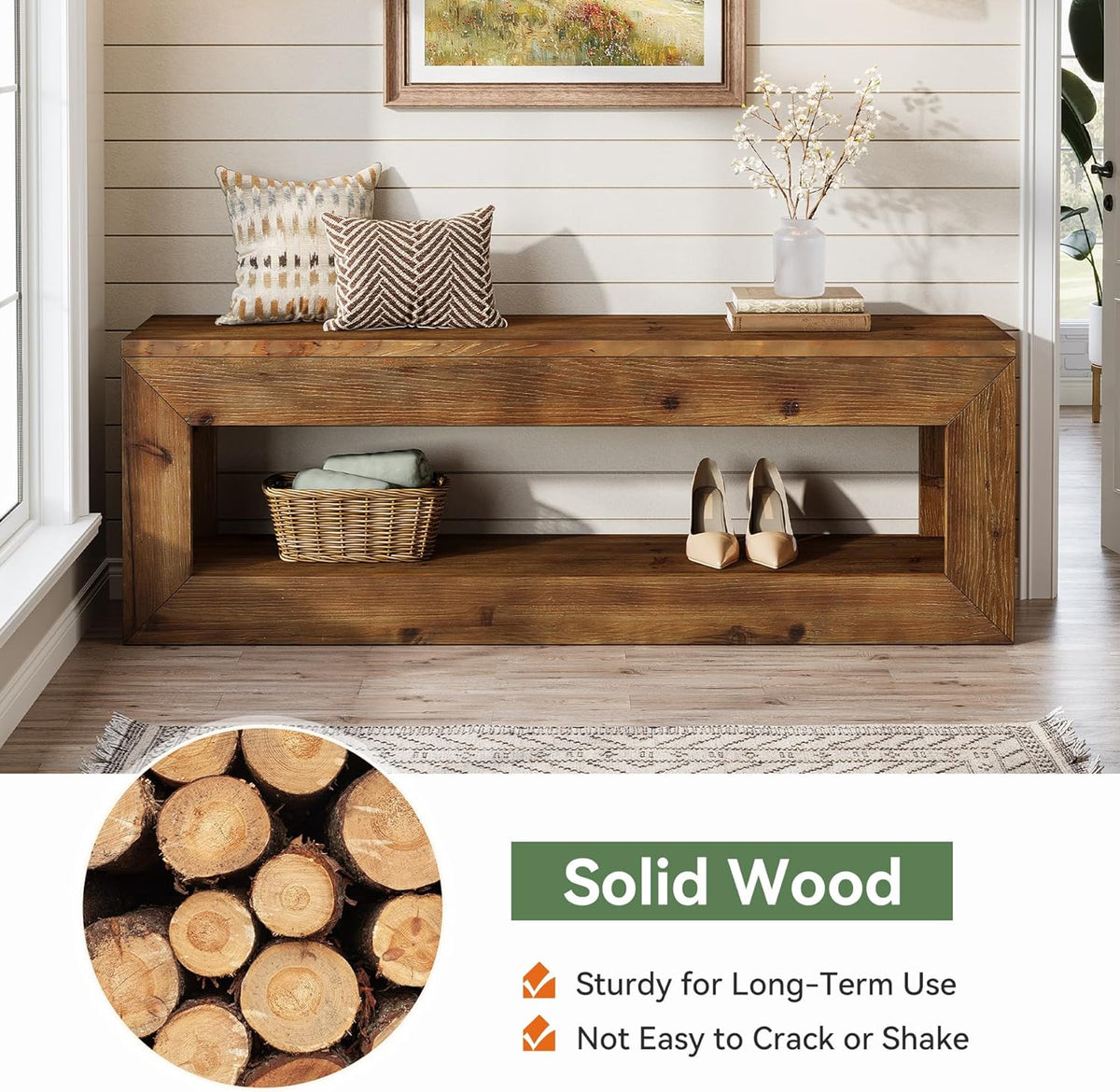 Solid Wood Entryway Bench, 47" Rustic Farmhouse Indoor Bench Seat with Storage Shelf for Entrance, Hallway, End of Bed