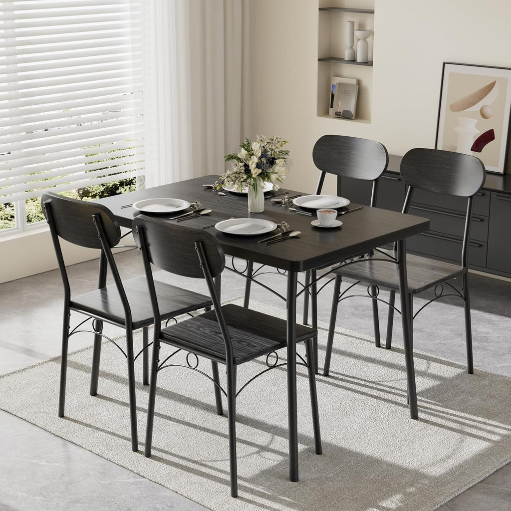 VECELO Dining Table Set for 4, 5-Piece Kitchen Table with 4 Chairs, MDF Board Tabletop with Metal Frame for Small Space, Compact Dinette, Breakfast Nook, Matte Black