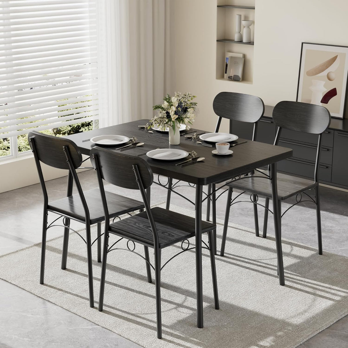 VECELO Dining Table Set for 4, 5-Piece Kitchen Table with 4 Chairs, MDF Board Tabletop with Metal Frame for Small Space, Compact Dinette, Breakfast Nook, Matte Black